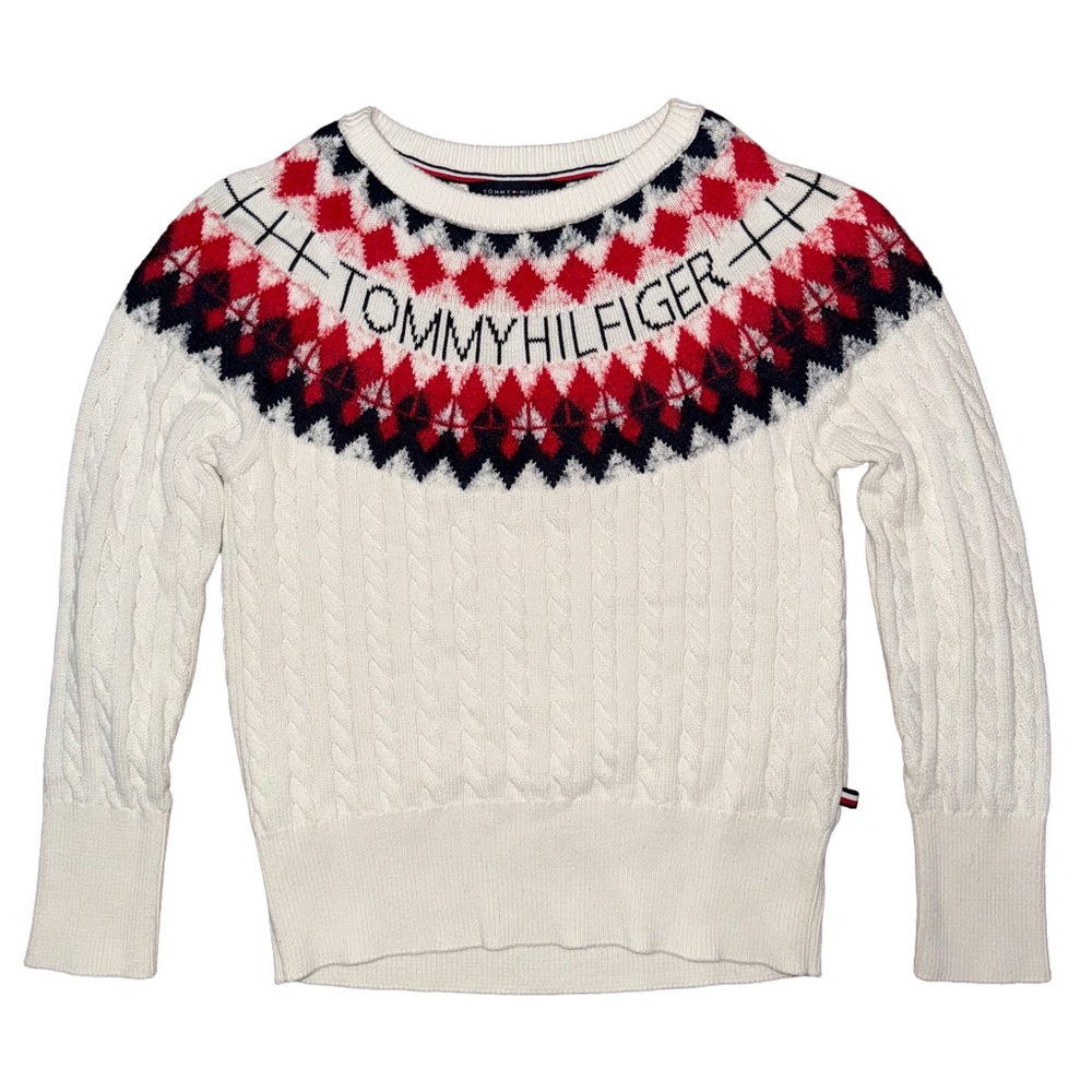 Tommy Hilfiger Ivory Cable Knit Fair Isle‎ Sweater Y2K Preppy Winter Holiday Ski
